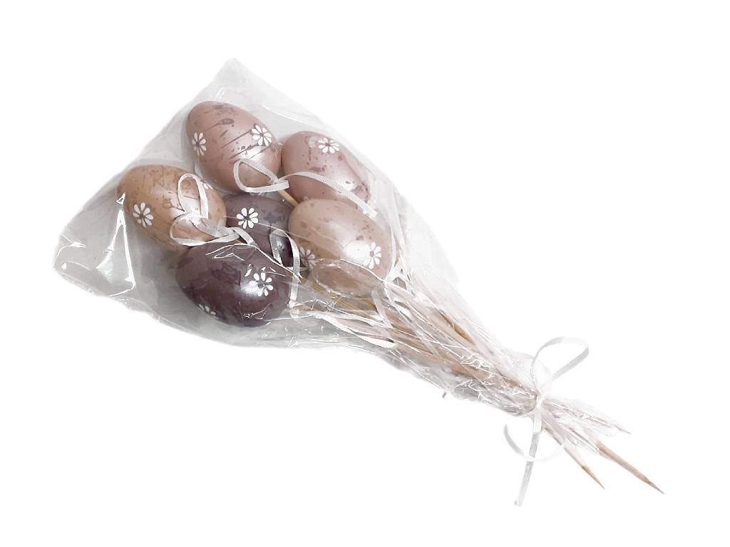 Vajíčka přízdoba 6 cm 6 ks zápich hnědá, bílá