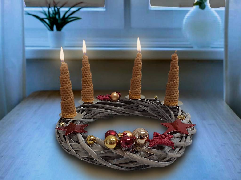Věnec proutěný adventní s dekorací ∅ 23 cm šedý
