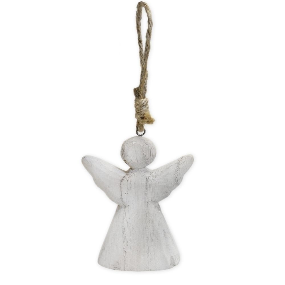 Anděl dřevo závěs 12 cm bílý