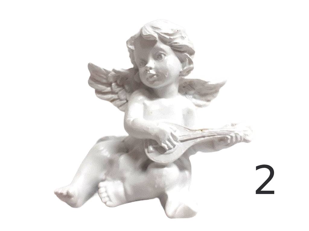 Anděl keramický 8 cm sedící s hudebním nástrojem bílý