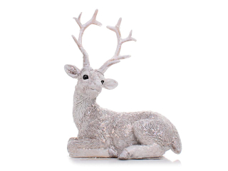 Jelen ležící 9cm keramika bílý glitter