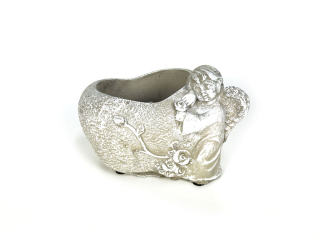 Cement obal srdce s andělem 17 cm bílošedá