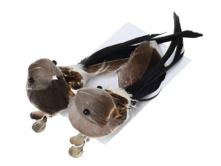 Ptáček plast peří 10cm 2ks na klipu hněd